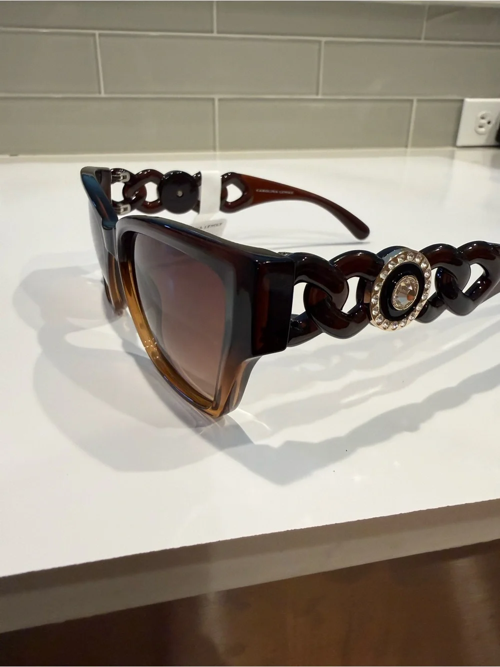 NEW Carolina Lemke Julia Brown Embellished Chain Sunglasses CL3329-02